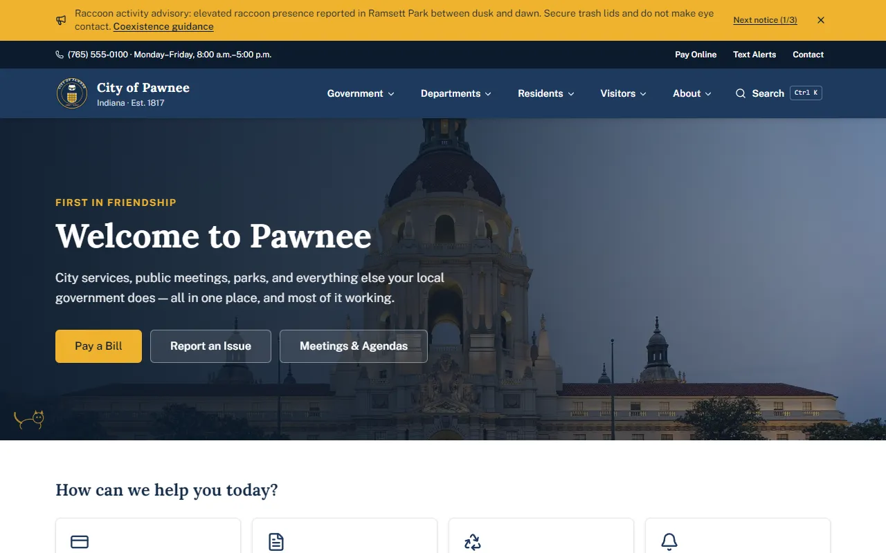 Homepage of the City of Pawnee, Indiana example site