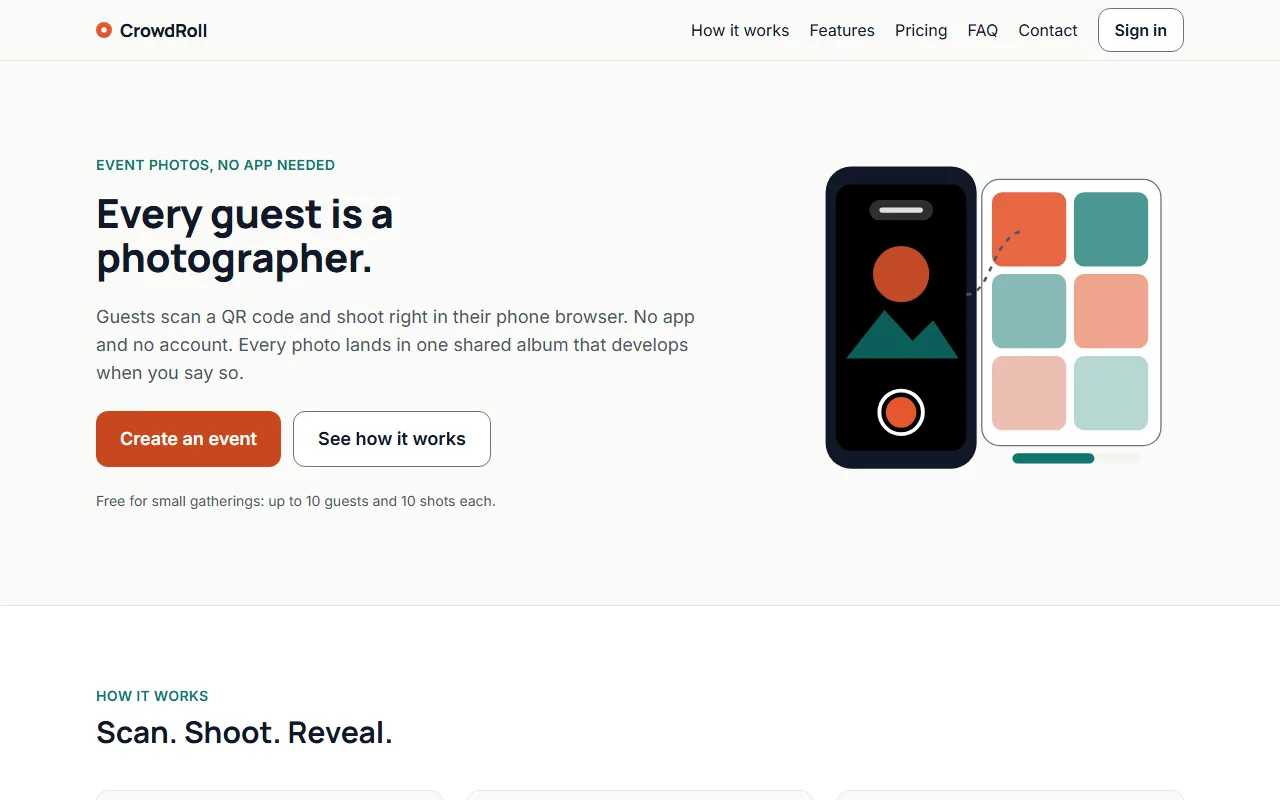 CrowdRoll home page: every guest is a photographer, with no app needed