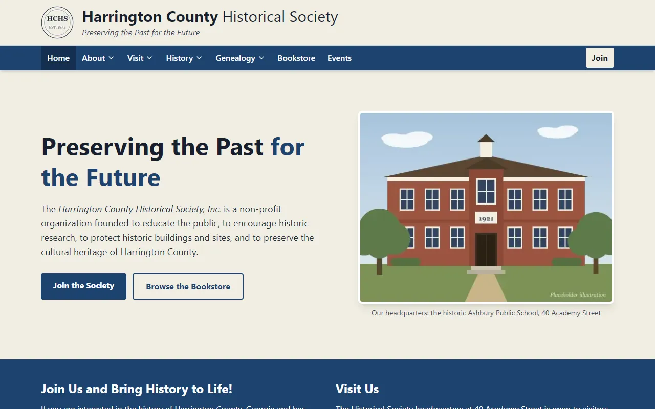 Homepage of the Harrington County Historical Society example site