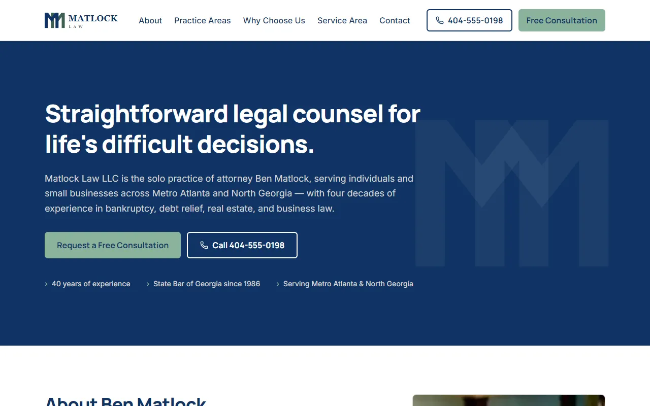 Homepage of the Matlock Law LLC example site