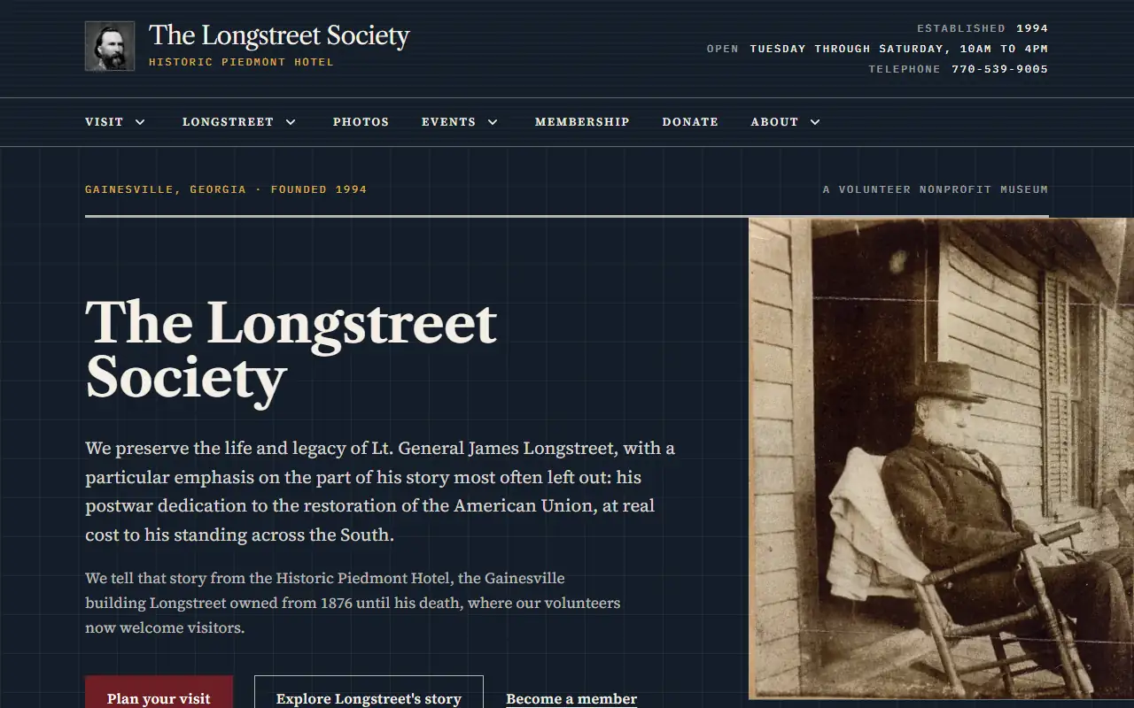 Homepage of the Longstreet Society example site: a museum at the Historic Piedmont Hotel