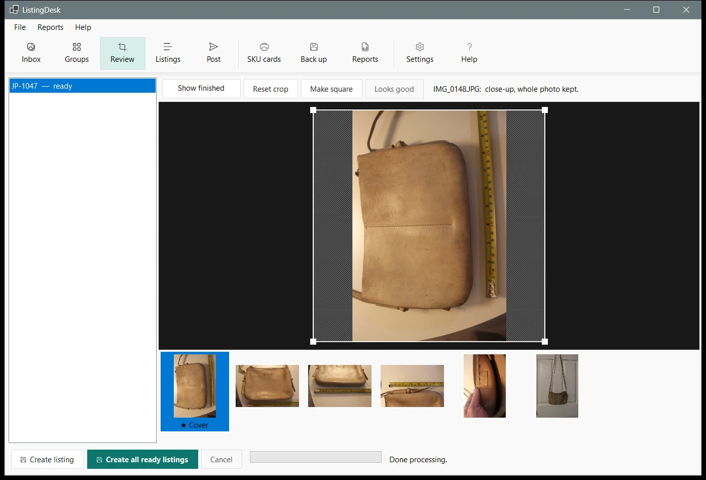 The Review tab: a large preview with the square crop box over a taupe crossbody bag, and the item's photos below it