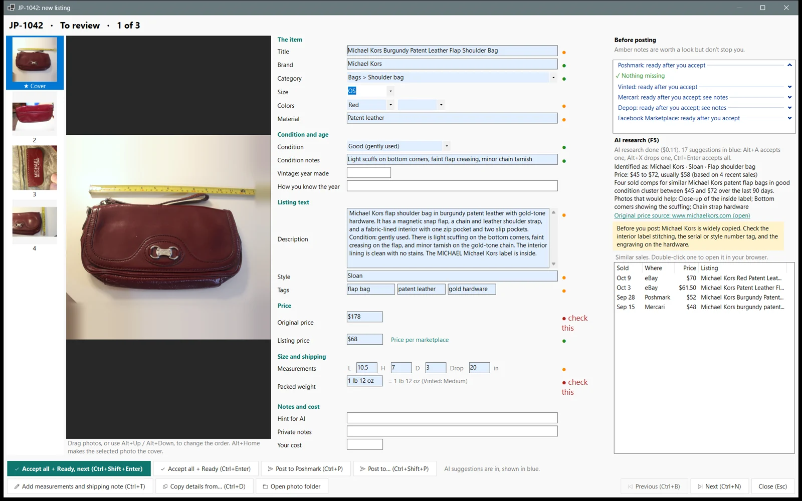 The listing editor with AI suggestions in blue boxes, confidence dots beside each field, a Before posting checklist per marketplace, and an AI research panel with a price range