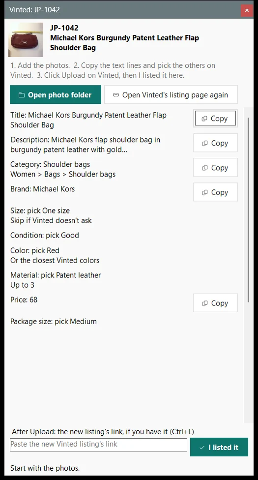 The Vinted copy panel: each field in Vinted's form order with a Copy button, and an I listed it button