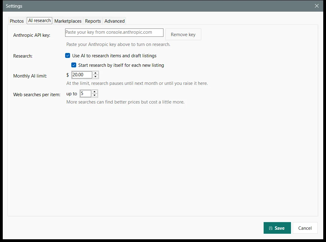 Settings, AI research tab: the API key box, research switches, a monthly AI limit of $20.00, and up to 5 web searches per item