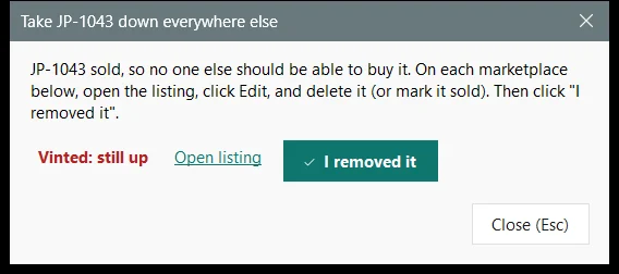 A Take it down everywhere else checklist showing Vinted: still up, with Open listing and I removed it buttons